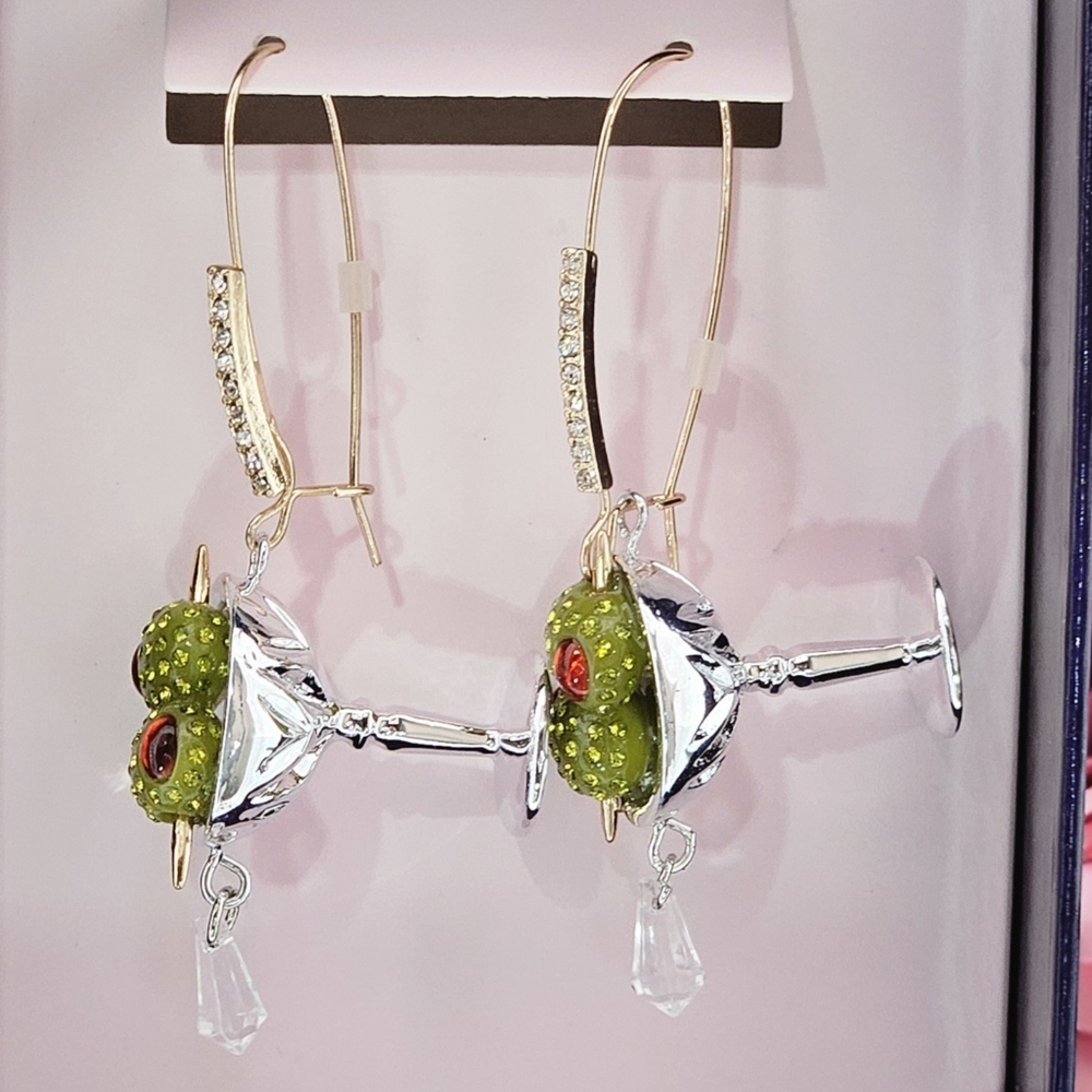 Betsey Johnson Martini Glass Drop Earrings Green Gift Party Cocktail Drink Gifts